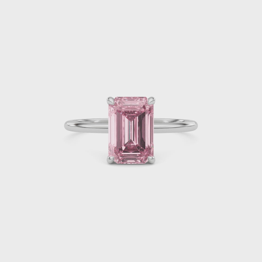 Platinum Fancy Pink Emerald Cut Diamond Hidden Halo Solitaire Engagement Ring with Prong Setting