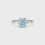 Platinum Three-Stone Fancy Blue Cushion Cut Diamond Ring with Tapered Baguette Side Stones