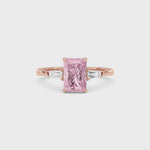 Rose gold Three-Stone Fancy Pink Radiant Cut Diamond Ring with Tapered Baguette Side Stones