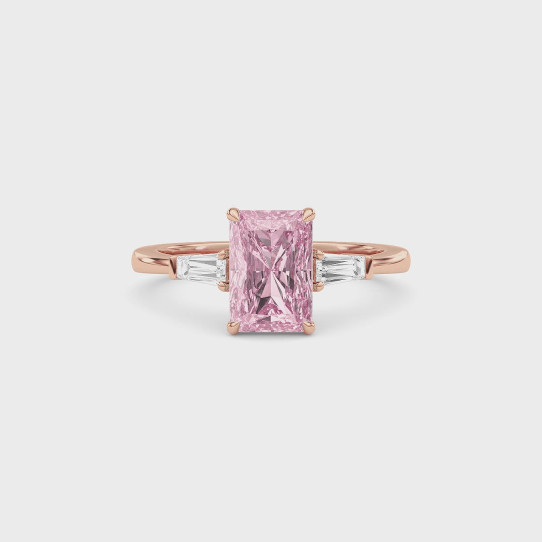 Rose gold Three-Stone Fancy Pink Radiant Cut Diamond Ring with Tapered Baguette Side Stones