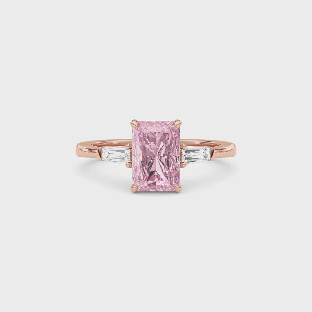 Rose gold Three-Stone Fancy Pink Radiant Cut Diamond Ring with Tapered Baguette Side Stones