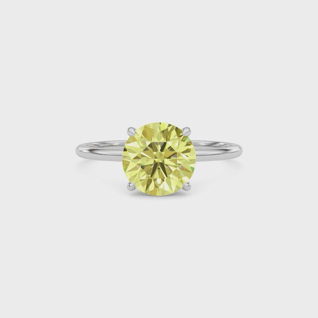Yellow gold Fancy Yellow Round Cut Diamond Hidden Halo Solitaire Engagement Ring with Prong Setting