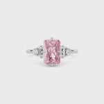 Silver Fancy Pink Radiant Cut Three Stone Diamond Engagement Ring with Tapered Baguette and Round Side Stones