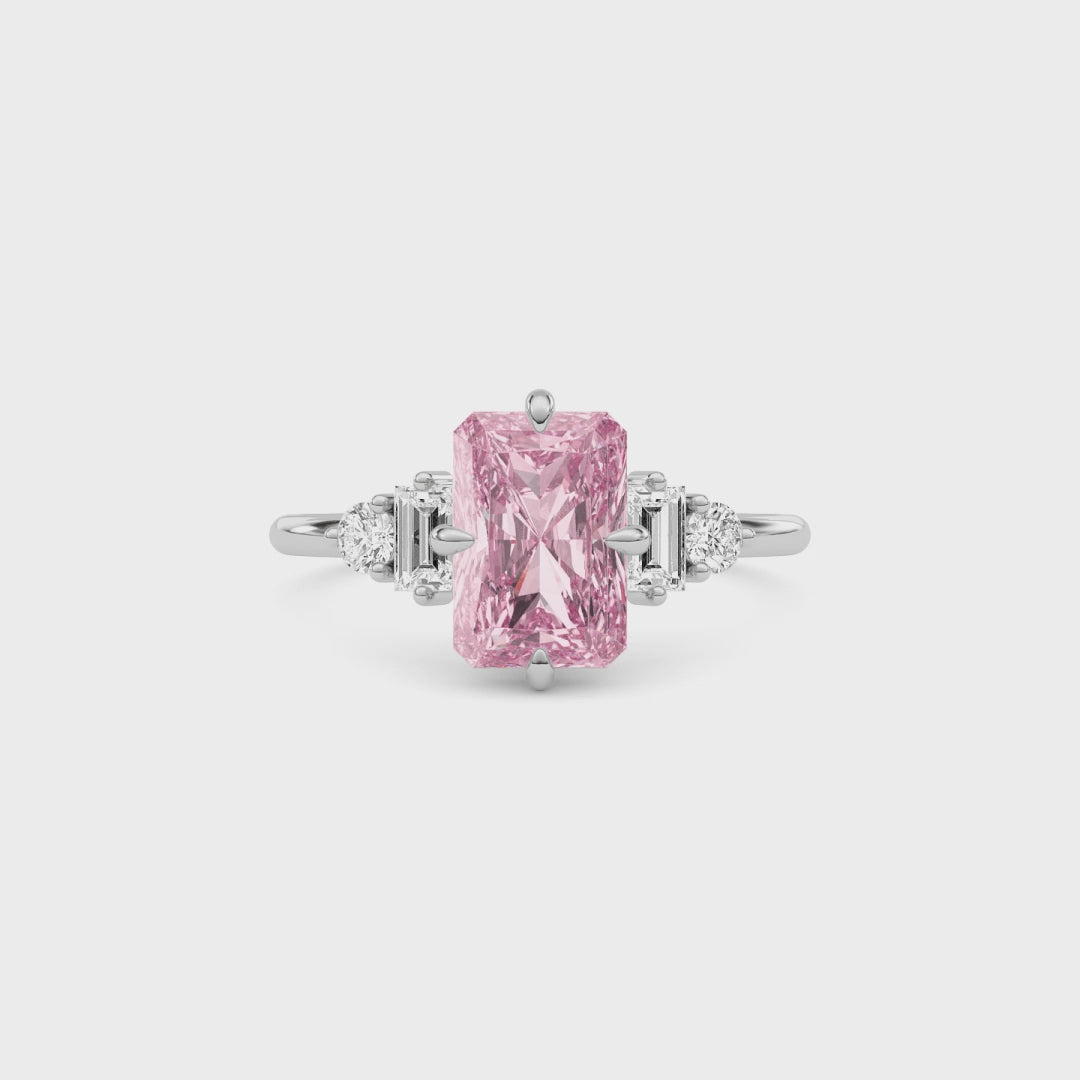 Silver Fancy Pink Radiant Cut Three Stone Diamond Engagement Ring with Tapered Baguette and Round Side Stones