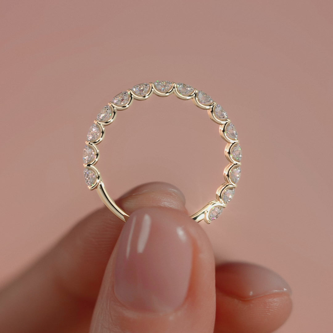 Yellow gold Round Diamond Half Eternity Band with Shared Prong Setting