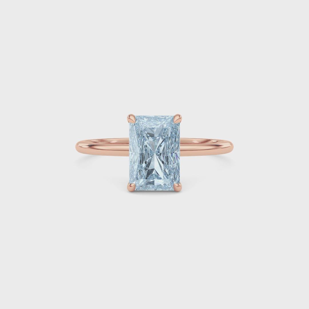 Rose gold Fancy Blue Radiant Cut Diamond Hidden Halo Solitaire Engagement Ring with Prong Setting
