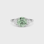 Silver Three-Stone Fancy Green Round Cut Diamond Ring with Heart Side Stones