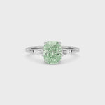 Silver Three-Stone Fancy Green Cushion Cut Diamond Ring with Tapered Baguette Side Stones