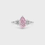 Silver Fancy Pink Pear Cut Three Stone Diamond Engagement Ring with Tapered Baguette and Round Side Stones