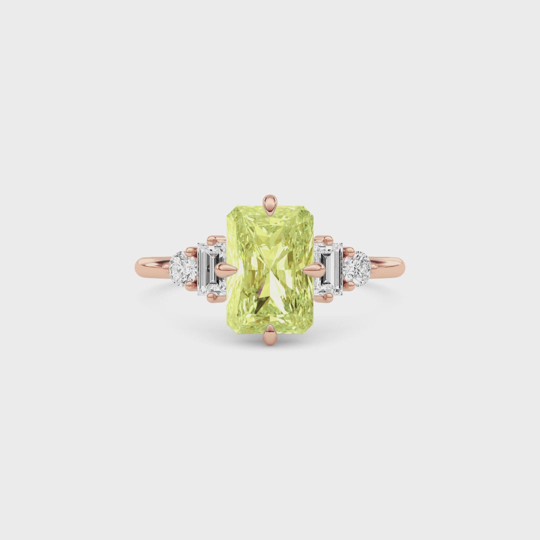 Rose gold Fancy Yellow Radiant Cut Three Stone Diamond Engagement Ring with Tapered Baguette and Round Side Stones