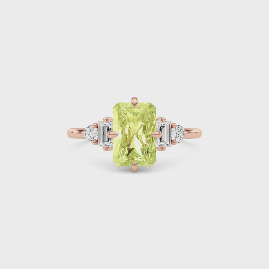Rose gold Fancy Yellow Radiant Cut Three Stone Diamond Engagement Ring with Tapered Baguette and Round Side Stones