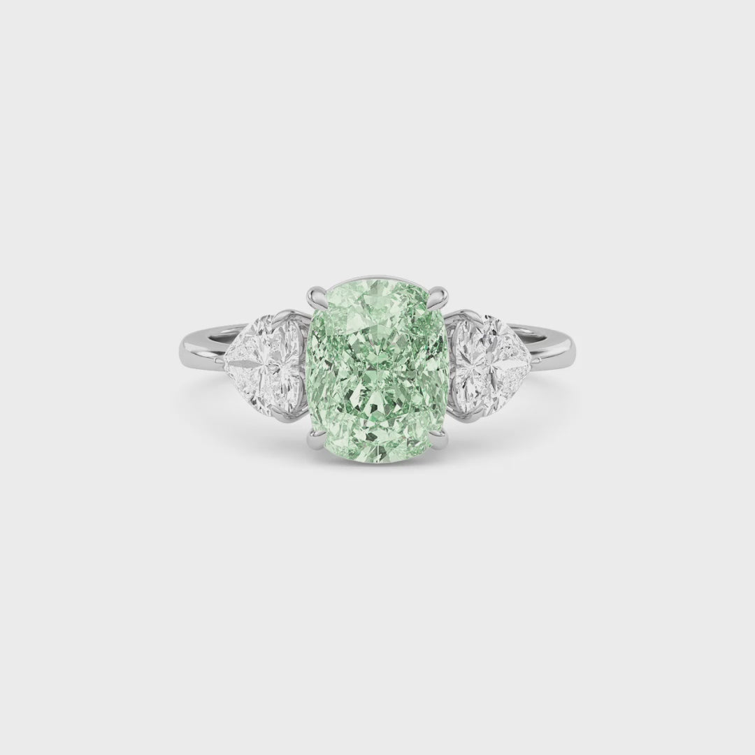 Silver Three-Stone Fancy Green Cushion Cut Diamond Ring with Heart Side Stones