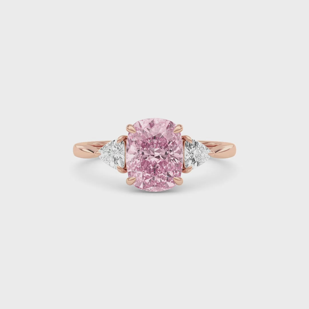 Rose gold Three-Stone Fancy Pink Cushion Cut Diamond Ring with Trillion Side Stones