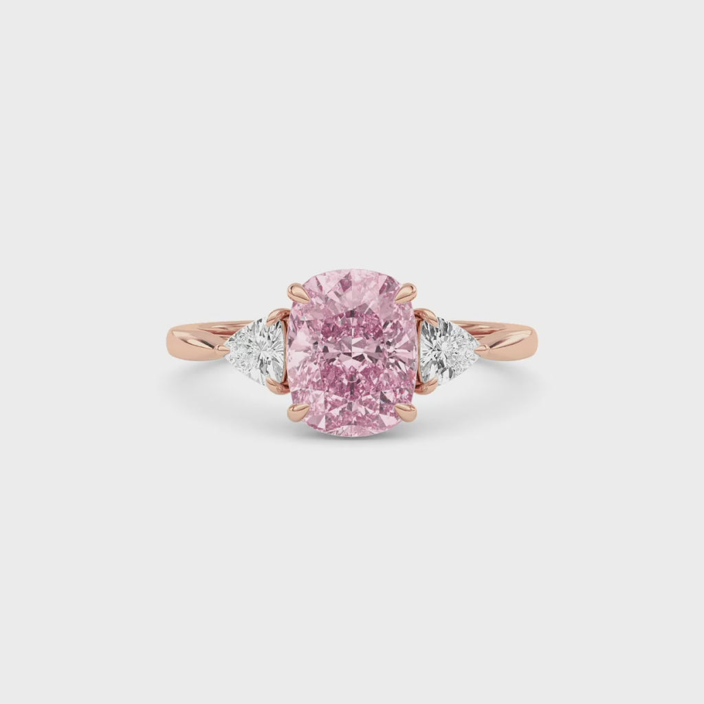 Rose gold Three-Stone Fancy Pink Cushion Cut Diamond Ring with Trillion Side Stones