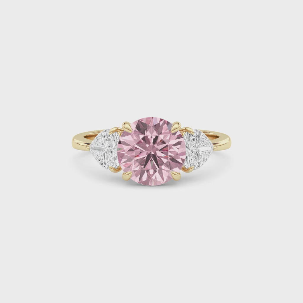 Yellow gold Three-Stone Fancy Pink Round Cut Diamond Ring with Heart Side Stones