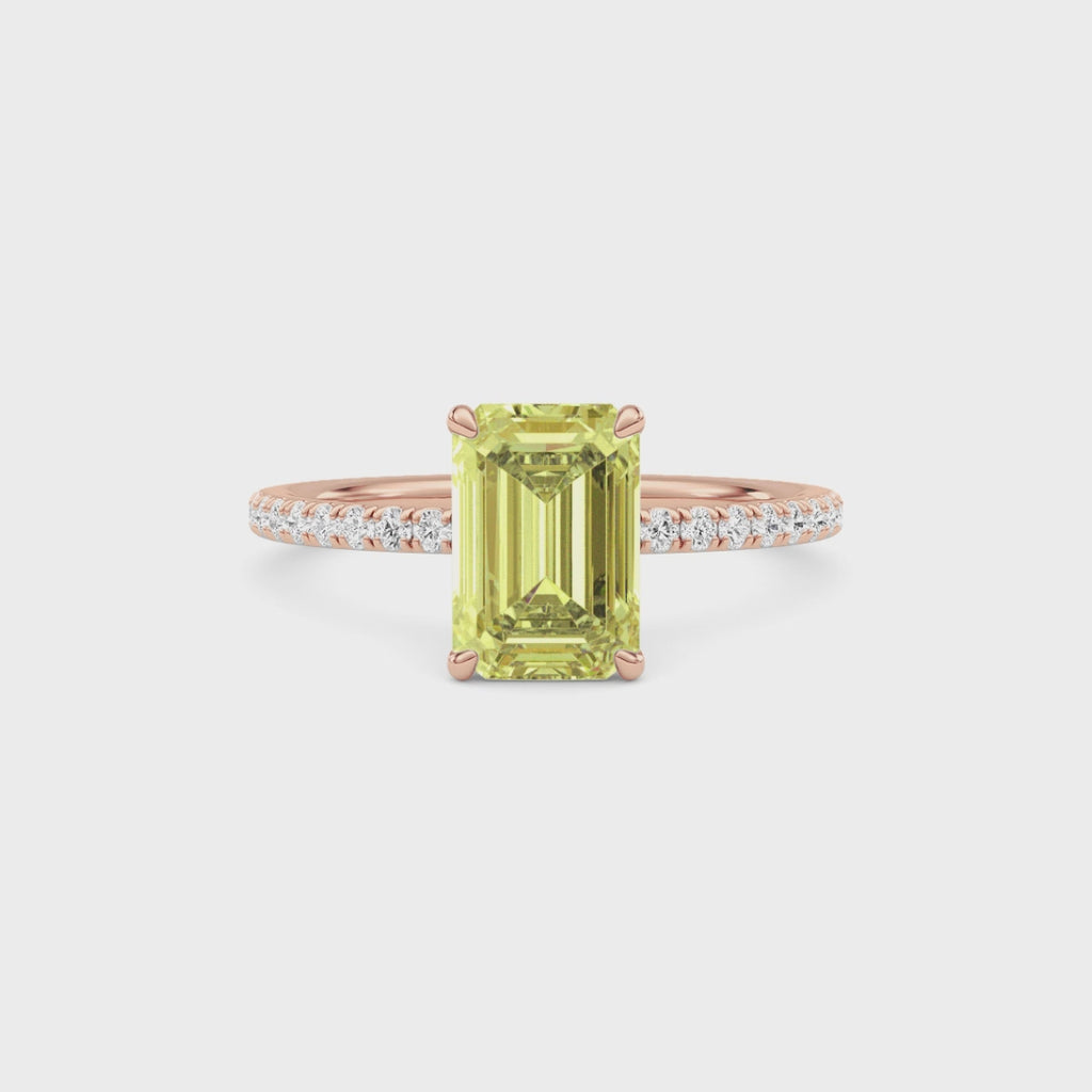 Rose gold Fancy Yellow Emerald Cut Diamond Solitaire with Pavé Band