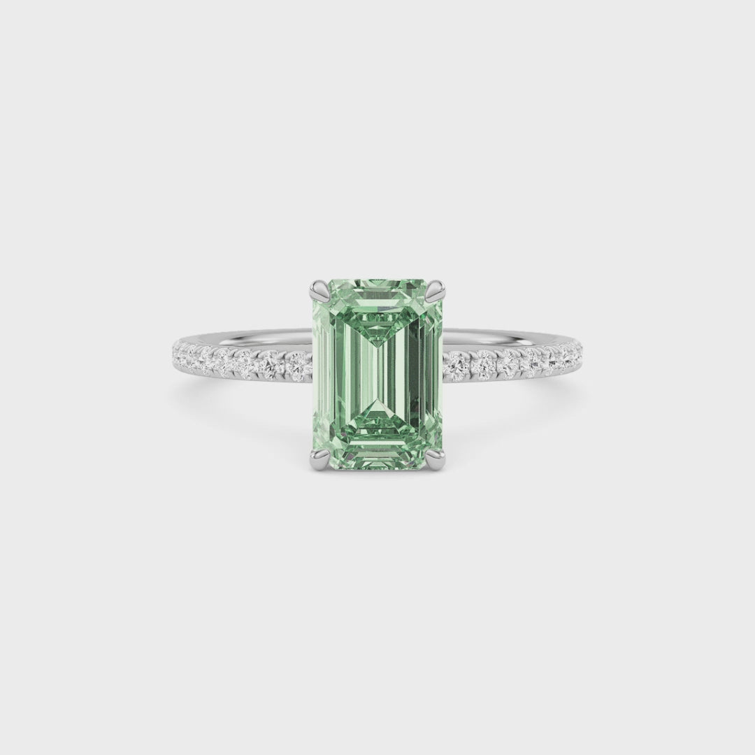 White gold Fancy Green Emerald Cut Diamond Solitaire with Pavé Band