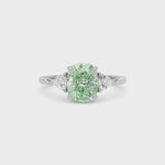 Platinum Three-Stone Fancy Green Cushion Cut Diamond Ring with Trillion Side Stones