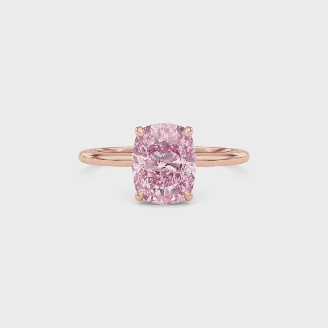 Rose gold Fancy Pink Cushion Cut Diamond Hidden Halo Solitaire Engagement Ring with Prong Setting