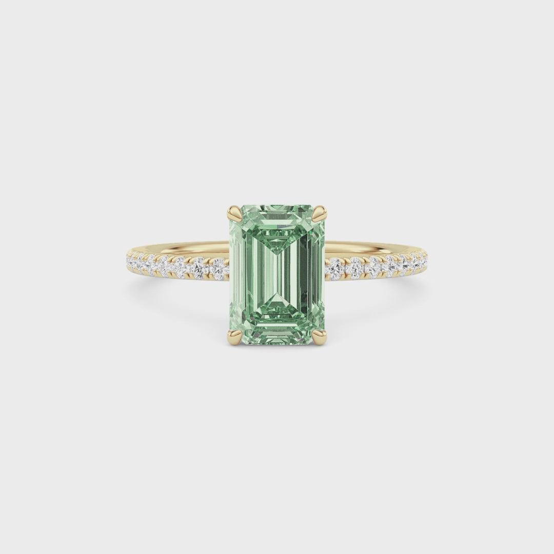 Yellow gold Fancy Green Emerald Cut Diamond Solitaire with Pavé Band