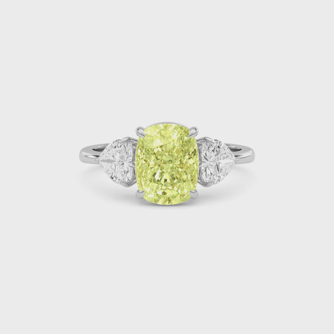 Yellow gold Three-Stone Fancy Yellow Cushion Cut Diamond Ring with Heart Side Stones