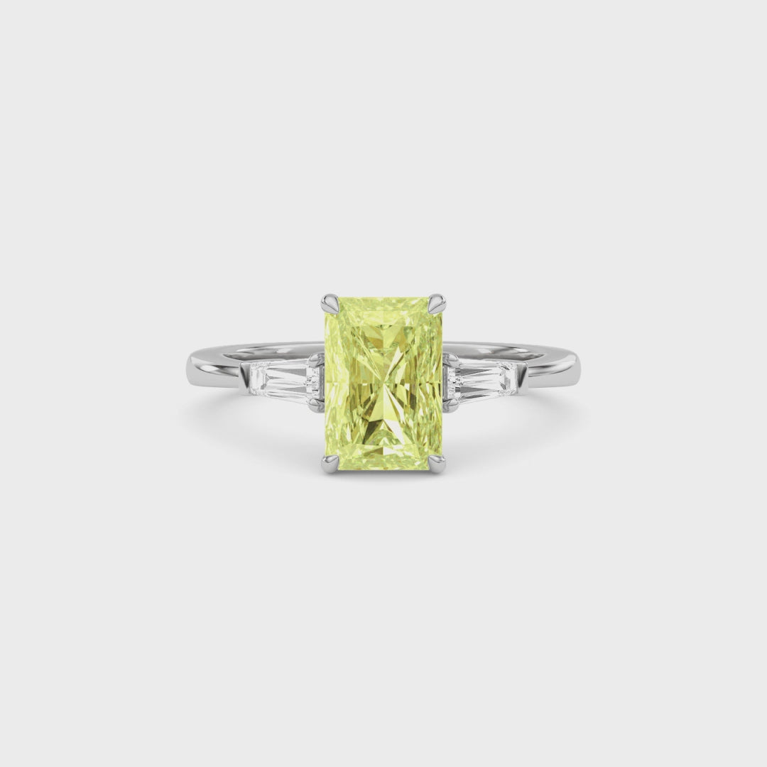 Yellow gold Three-Stone Fancy Yellow Radiant Cut Diamond Ring with Tapered Baguette Side Stones