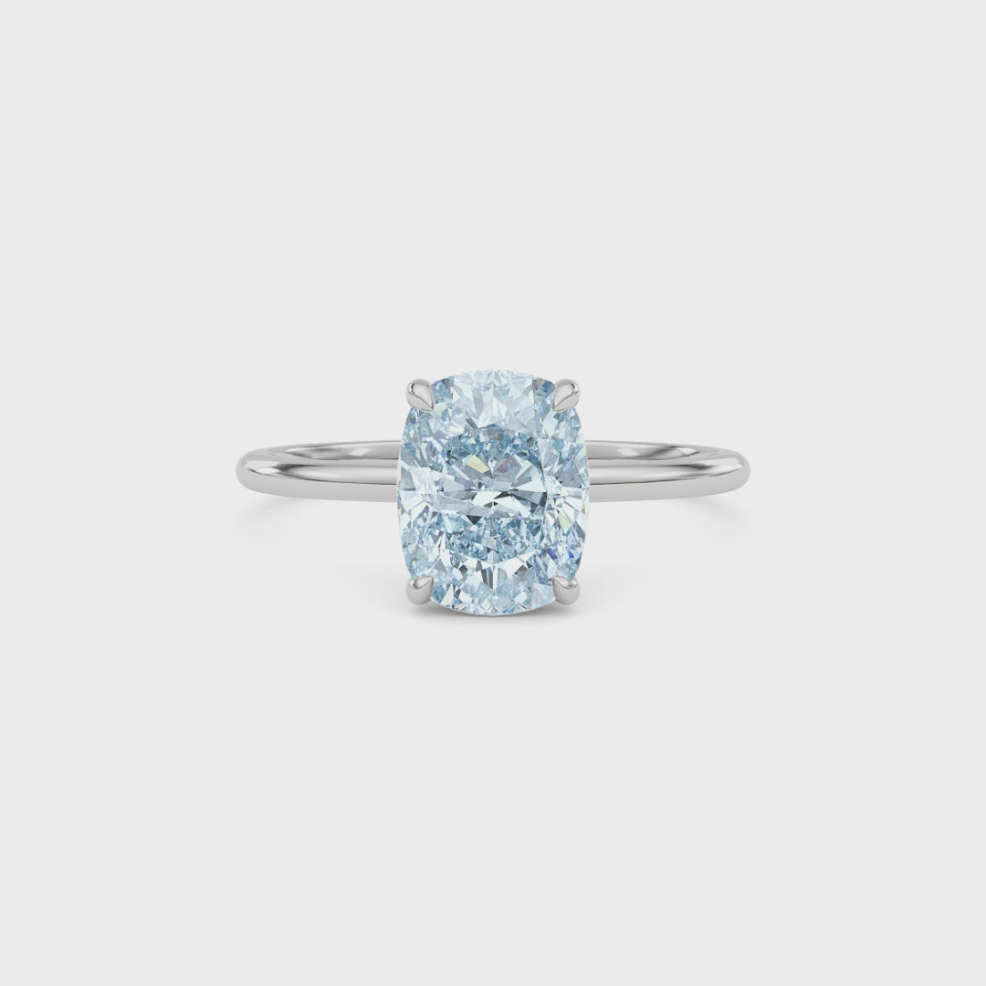 Silver Fancy Blue Cushion Cut Diamond Hidden Halo Solitaire Engagement Ring with Prong Setting