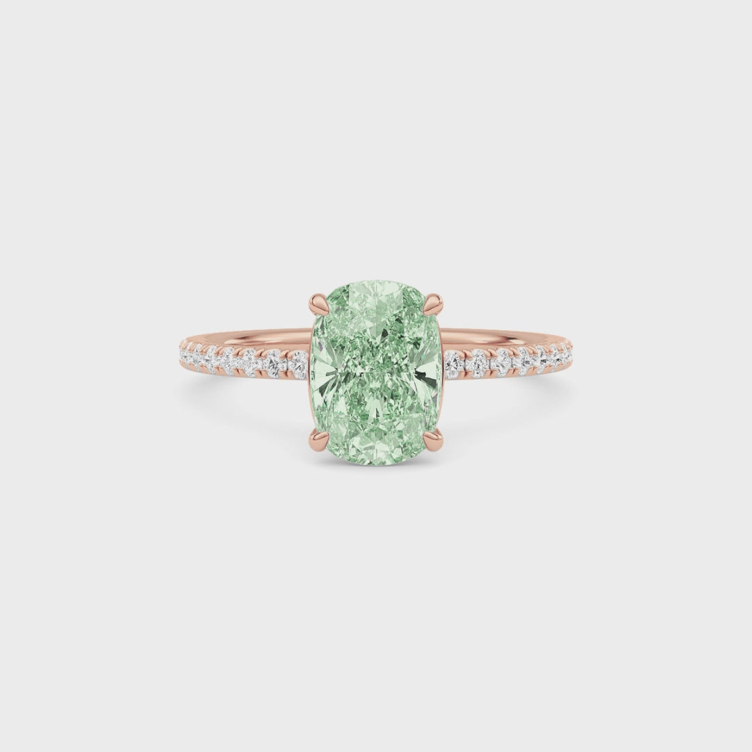 Rose gold Fancy Green Cushion Cut Diamond Solitaire with Pavé Band