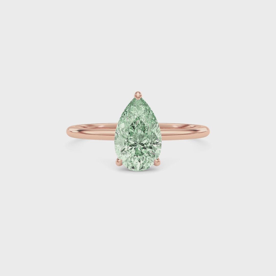 Rose gold Fancy Green Pear Cut Diamond Hidden Halo Solitaire Engagement Ring with Prong Setting