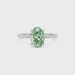 Silver Fancy Green Oval Cut Diamond Solitaire with Pavé Band