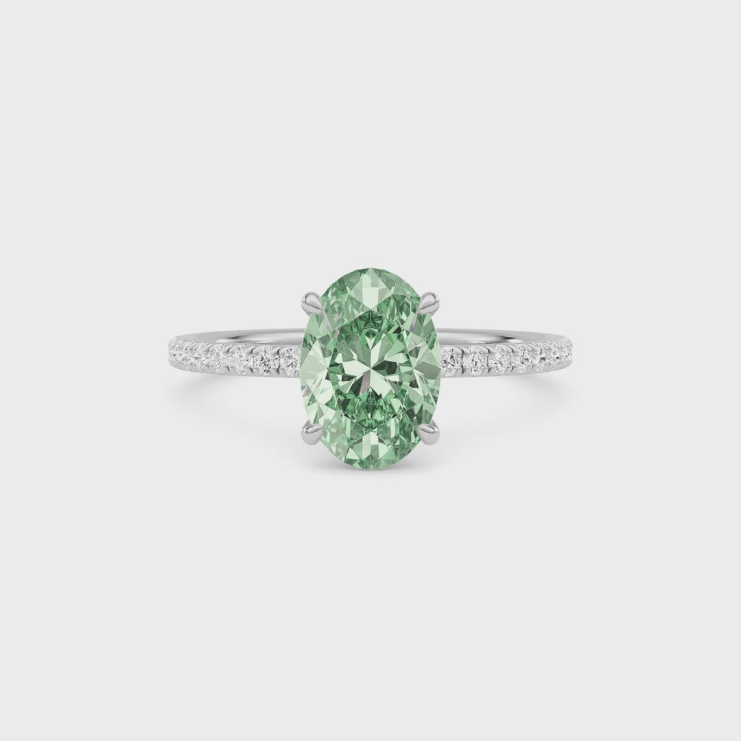 Silver Fancy Green Oval Cut Diamond Solitaire with Pavé Band