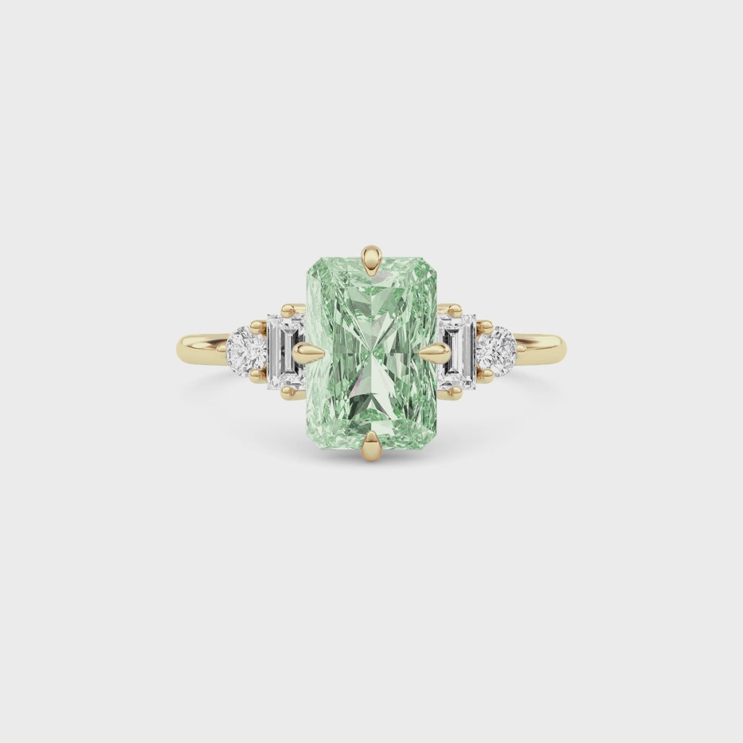 Yellow gold Three-Stone Fancy Green Radiant Cut Diamond Ring with Heart Side Stones