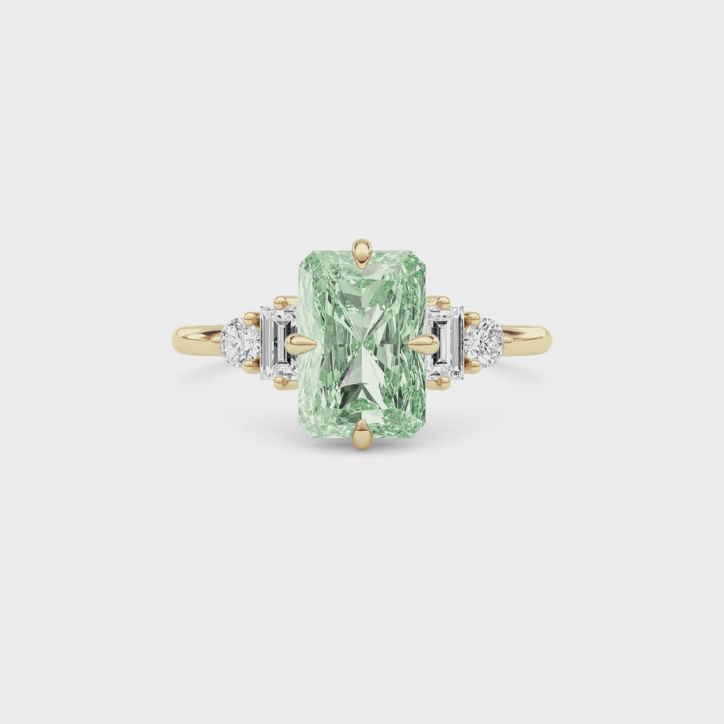 Yellow gold Three-Stone Fancy Green Radiant Cut Diamond Ring with Heart Side Stones