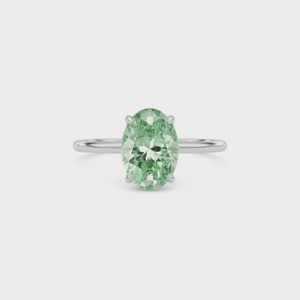 White gold Fancy Green Oval Cut Diamond Hidden Halo Solitaire Engagement Ring with Prong Setting
