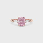 Rose gold Three-Stone Fancy Pink Cushion Cut Diamond Ring with Tapered Baguette Side Stones