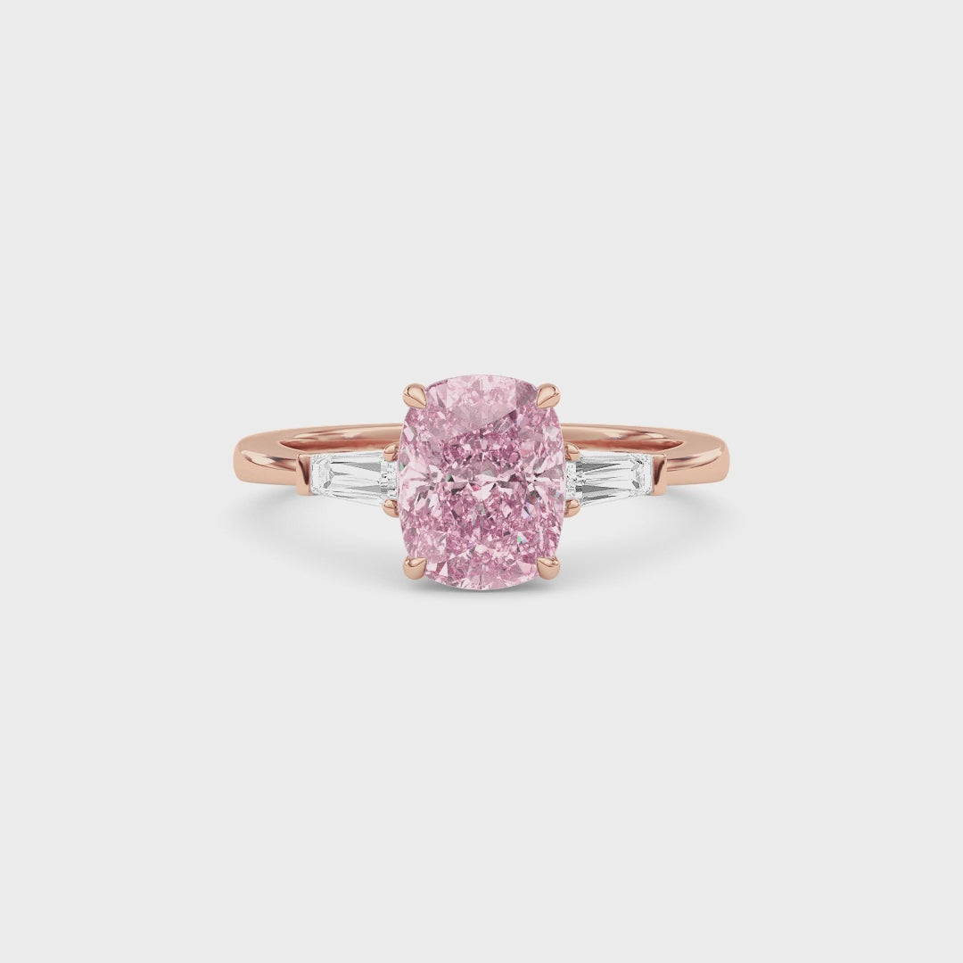 Rose gold Three-Stone Fancy Pink Cushion Cut Diamond Ring with Tapered Baguette Side Stones