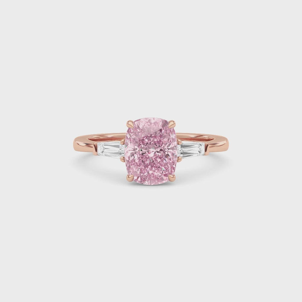 Rose gold Three-Stone Fancy Pink Cushion Cut Diamond Ring with Tapered Baguette Side Stones