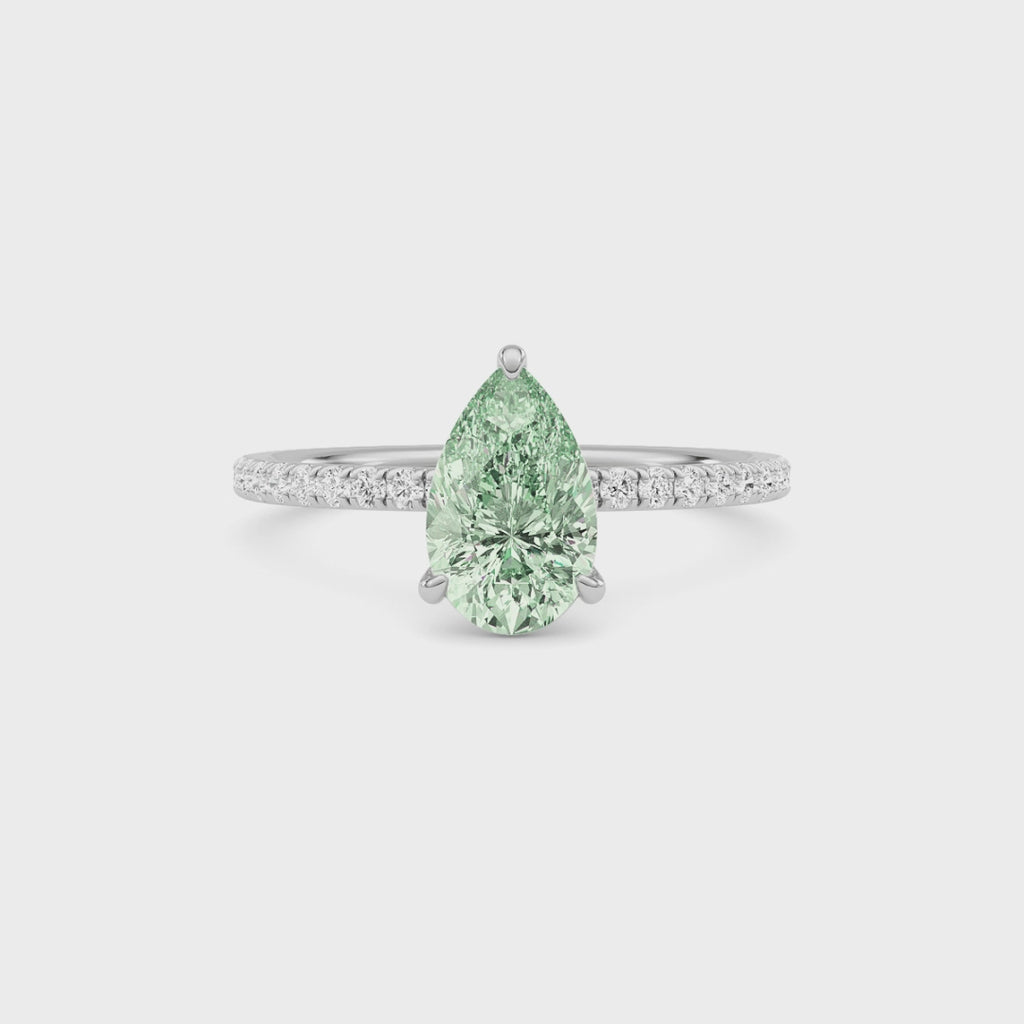 Silver Fancy Green Pear Cut Diamond Solitaire with Pavé Band