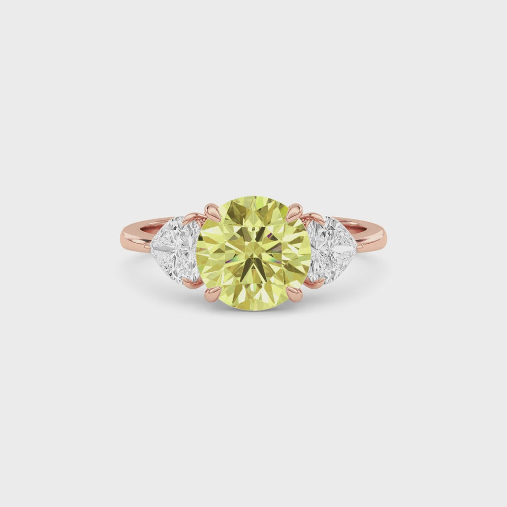 Rose gold Three-Stone Fancy Yellow Round Cut Diamond Ring with Heart Side Stones