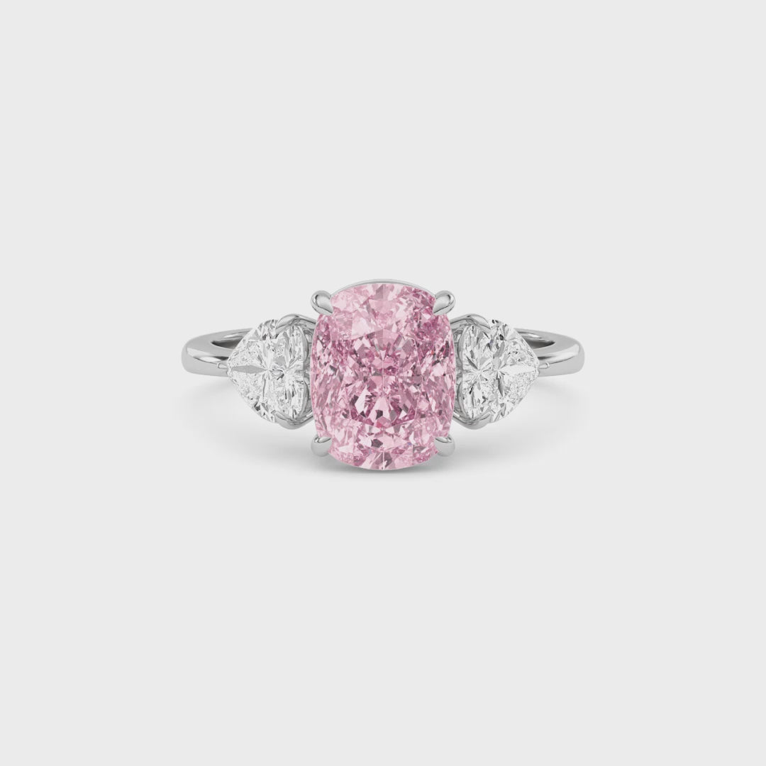 Platinum Three-Stone Fancy Pink Cushion Cut Diamond Ring with Heart Side Stones