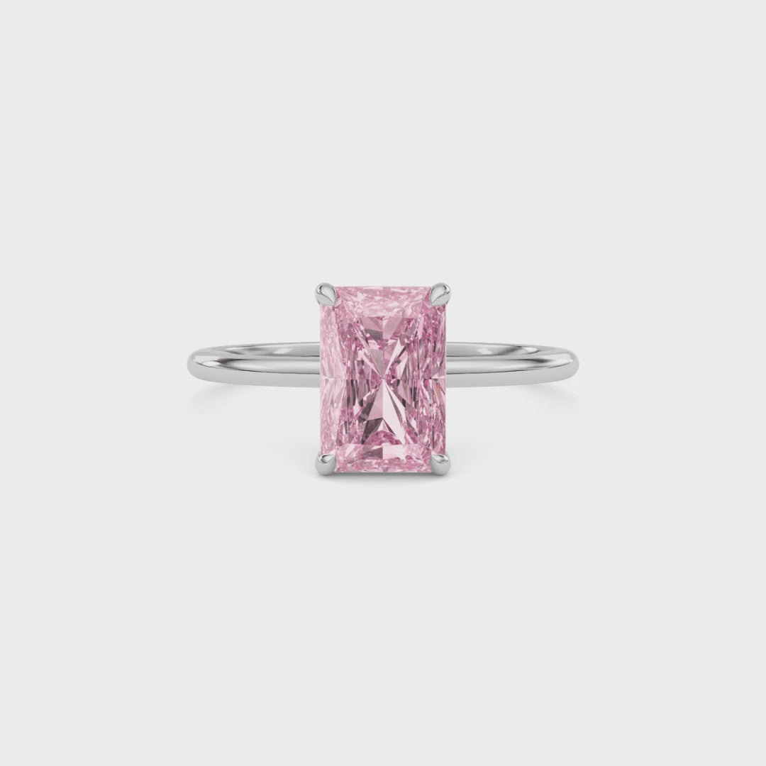 White gold Fancy Pink Radiant Cut Diamond Hidden Halo Solitaire Engagement Ring with Prong Setting