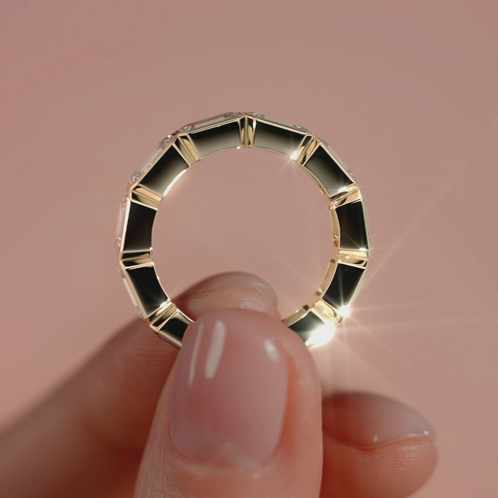 Yellow gold East West Emerald Bezel Diamond Eternity Band