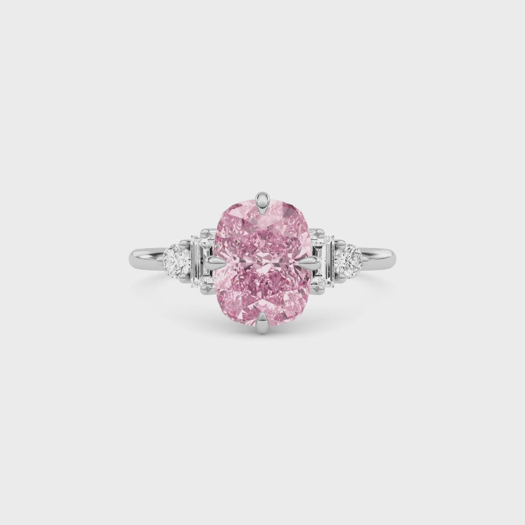 Platinum Fancy Pink Cushion Cut Three Stone Diamond Engagement Ring with Tapered Baguette and Round Side Stones