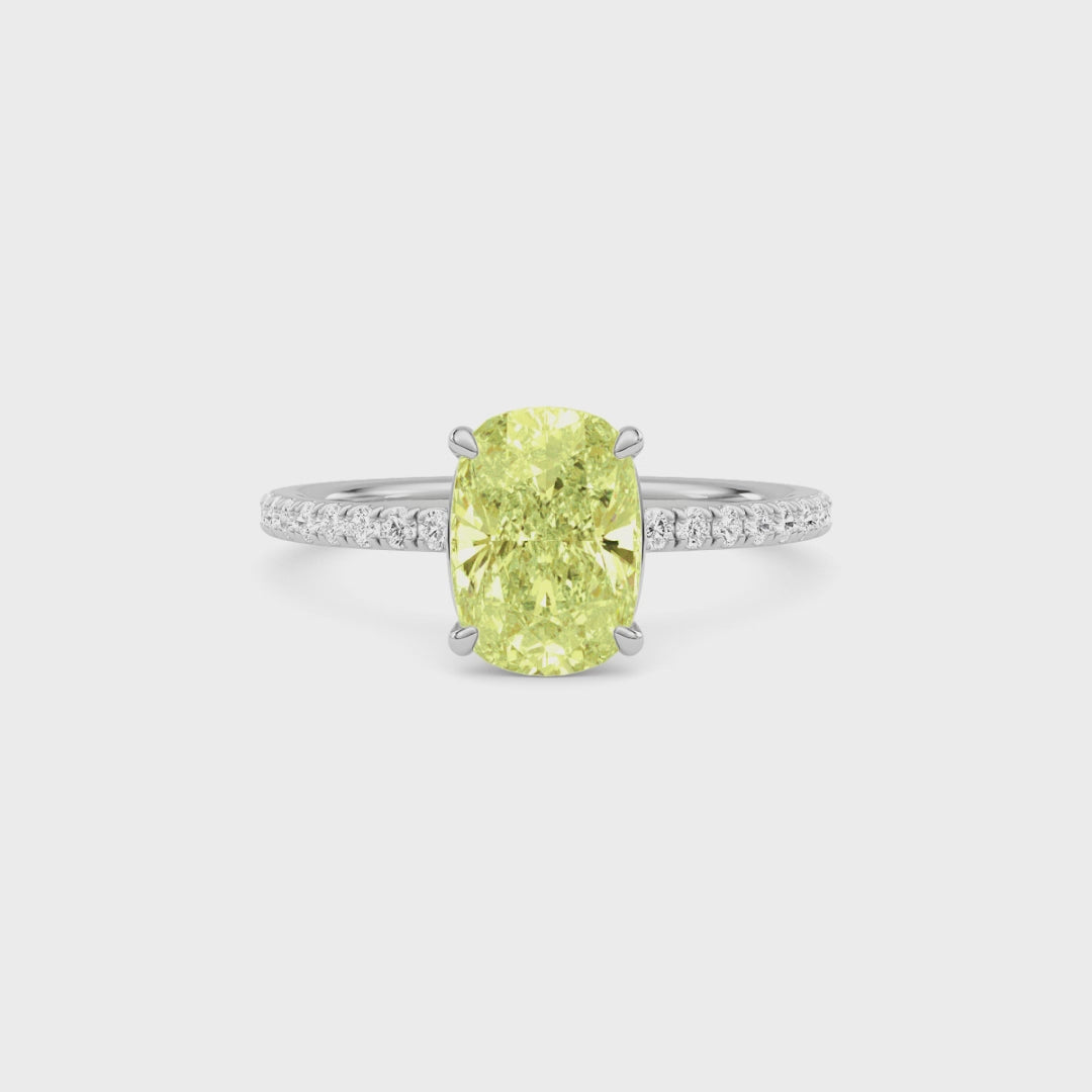 Yellow gold Fancy Yellow Cushion Cut Diamond Solitaire with Pavé Band