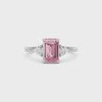Silver Three-Stone Fancy Pink Emerald Cut Diamond Ring with Trillion Side Stones