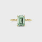 Yellow gold Fancy Green Emerald Cut Diamond Hidden Halo Solitaire Engagement Ring with Prong Setting