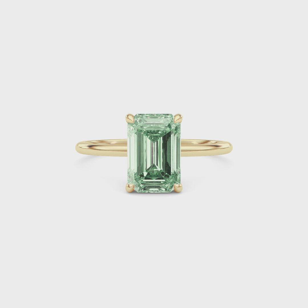 Yellow gold Fancy Green Emerald Cut Diamond Hidden Halo Solitaire Engagement Ring with Prong Setting