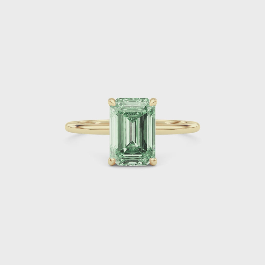 Yellow gold Fancy Green Emerald Cut Diamond Hidden Halo Solitaire Engagement Ring with Prong Setting