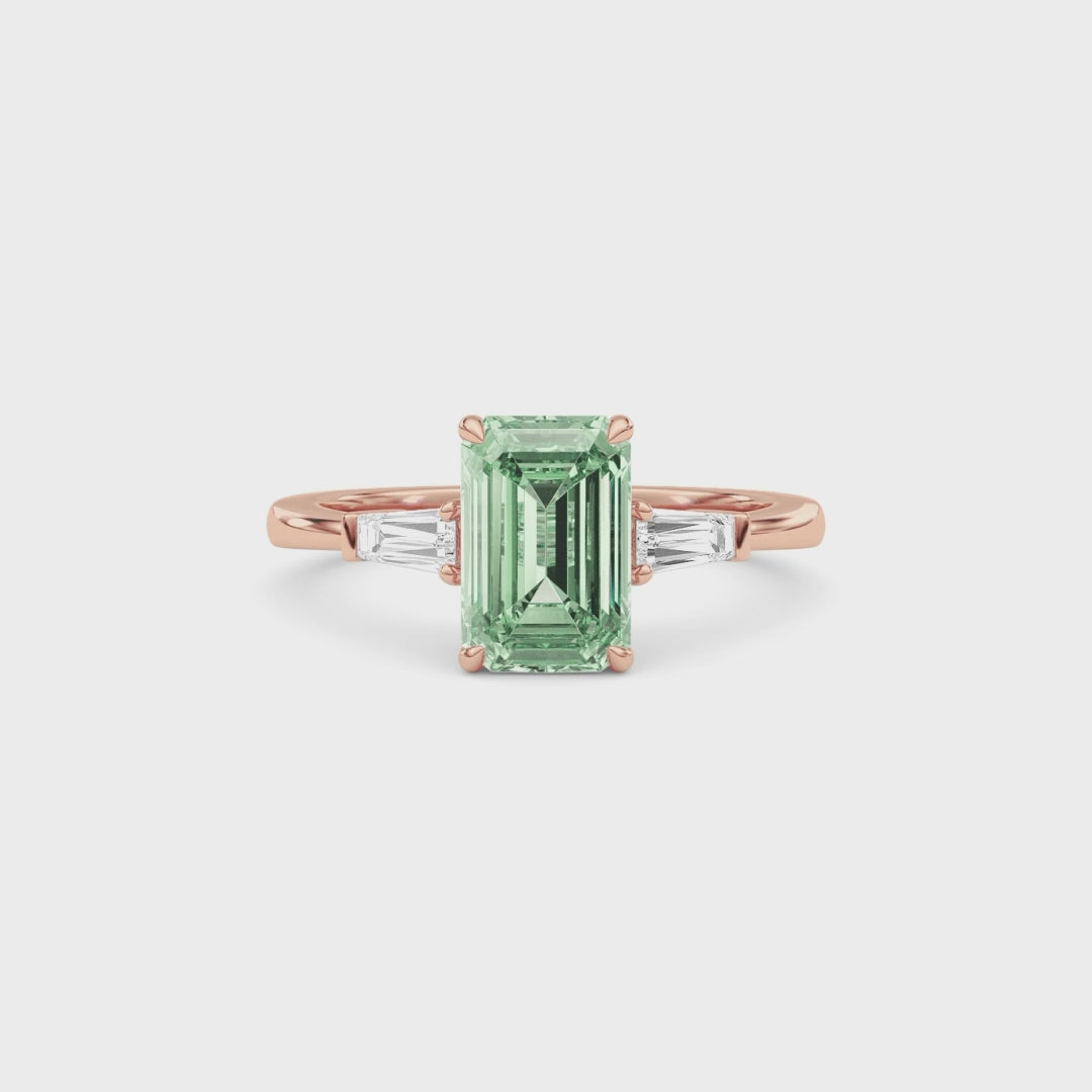 Rose gold Three-Stone Fancy Green Emerald Cut Diamond Ring with Tapered Baguette Side Stones