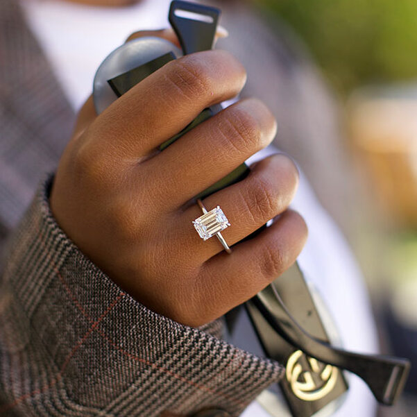Eva Emerald Cut Moissanite Halo Engagement Ring, Cathedral | Bellisa  Jewellery